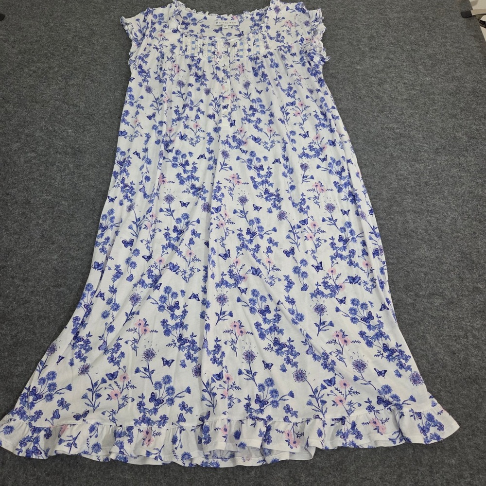 Eileen West Blue Floral Butterfly Cotton Modal Nightgown Medium Sleeveless